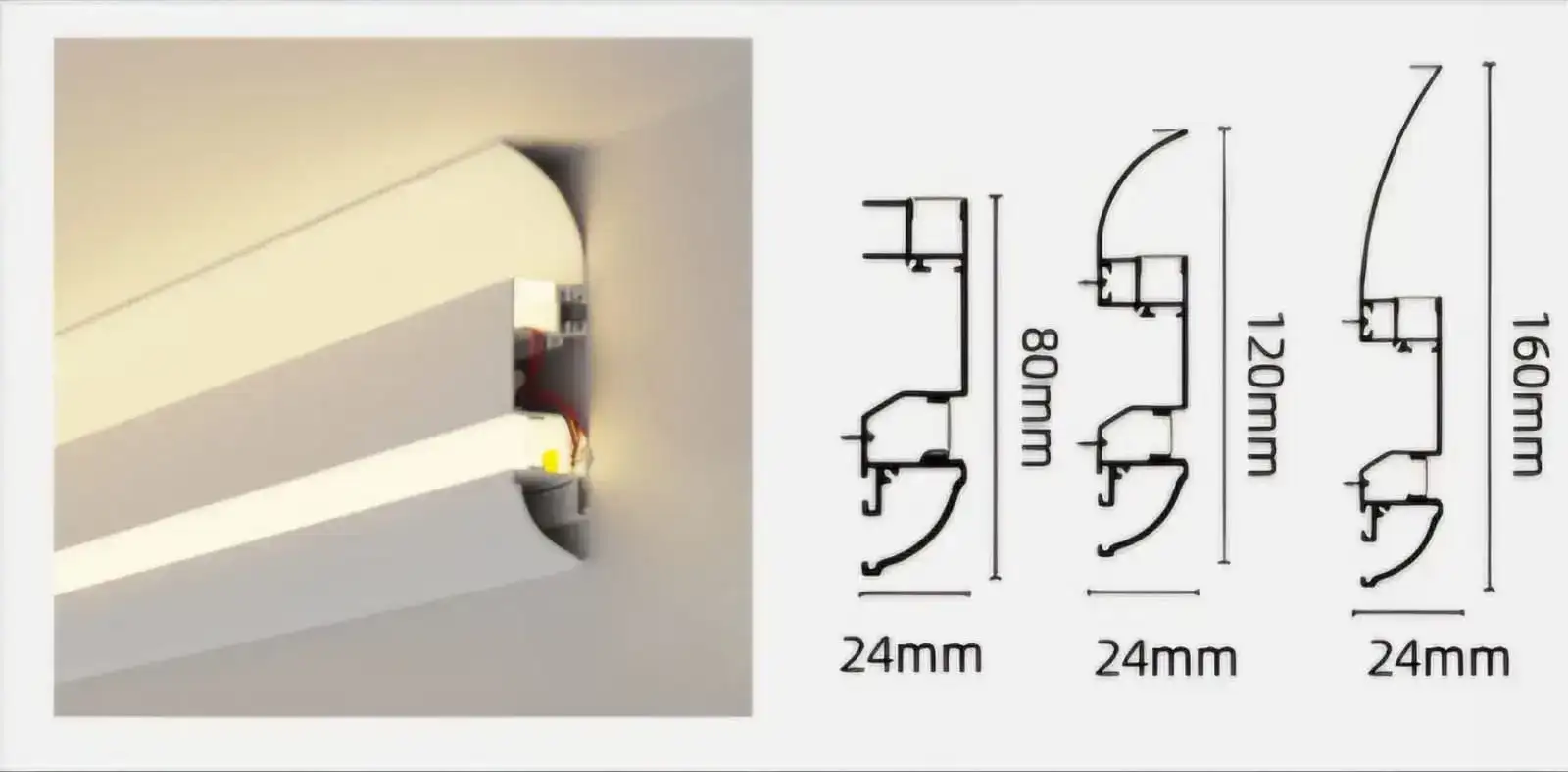 Lighting profile dimensions and section drawing